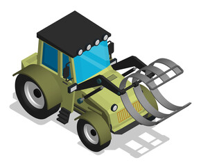 Isometric agricultural tractor with clamping tongs for loading hay into bales. Transport and equipment for agriculture. Realistic cartoon 3d vector isolated on white background