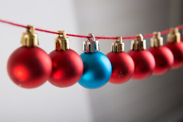 Line of red and blue christmas balls. Christmas decorations