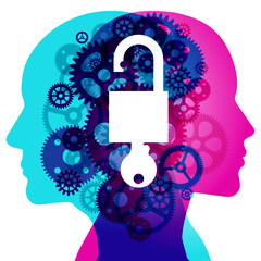 A Male and Female side silhouette profile overlaid with various semi-transparent Machine Gears shapes. Centre placed is a white “unlocked padlock and key” graphic icon.