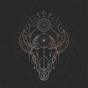 Vector illustration with hand drawn Bull skull and Sacred geometric symbol on black vintage background. Abstract mystic sign.