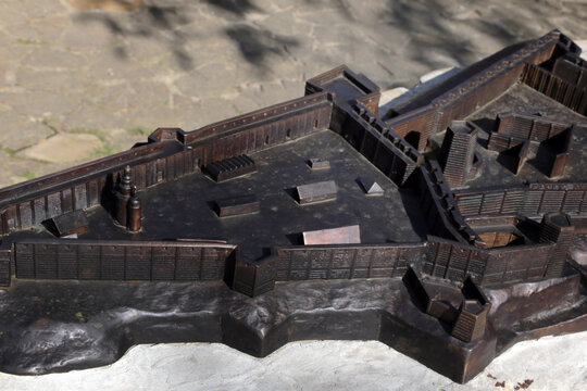 Chyhyryn, Ukraine - August 14, 2021: Model of old Chigirin fortress, a historical city in central Ukraine and a former Hetman residence.