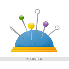 Vector image. Pin cushion with pins and needles on a white background.