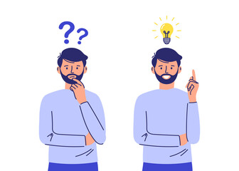 The character finds a solution. Problem solving, good ideas. Question-answer concept, thinking process