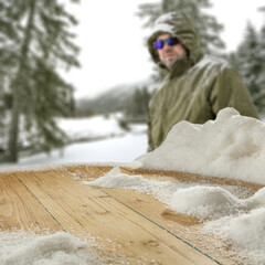 Desk of free space and winter time in mountains. 