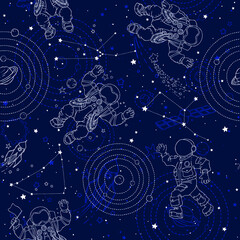 Seamless pattern with space, astronauts, constellations, planets, stars and space objects. Wallpaper, textile, fabric, baby products. - 469488948