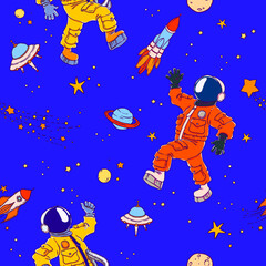 Seamless pattern with space, astronauts, UFOs, planets, stars and space objects. Wallpaper, textile, fabric, baby products. - 469488974