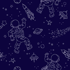 Seamless pattern with space, astronauts, UFOs, planets, stars and space objects. Wallpaper, textile, fabric, baby products. - 469488991
