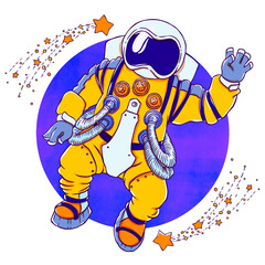 Illustration greeting astronaut in an orange space suit and face mask with an open palm. Behind watercolor texture space. Vector drawing isolated on white background. T-shirt printing. - 469489161