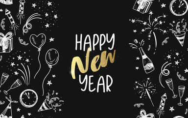 Cute hand drawn New Years design, doodle template in gold and black, elegant, great for invitations, business cards, wallpapers - vector design
