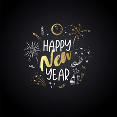 Cute hand drawn New Years design, doodle template in gold and black, elegant, great for invitations, business cards, wallpapers - vector design