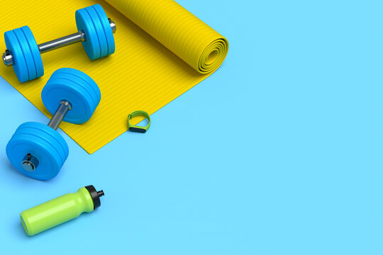 Isometric view of sport equipment like yoga mat, bottle and smart watches