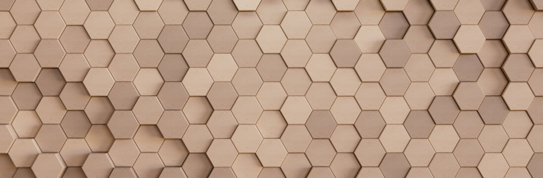 Abstract light background with hexagons. Imitation of wood or plywood. 3d render.
