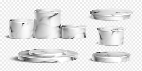 Realistic marble podium stage for cosmetic, skin care product display presentation isolated on transparent background. Round and cylindrical scene design set to showcase luxury makeup products.