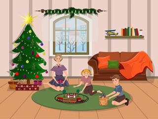 Obraz na płótnie Canvas Children unpack gifts near the Christmas tree in the living room. Christmas morning. Vector illustration in cartoon style