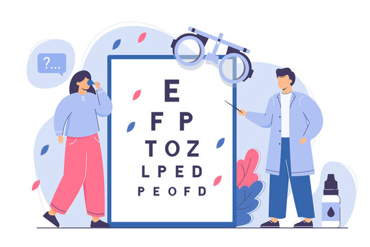 Flat oculist with pointer measure visual acuity of patient. Ophthalmologist check eyesight with eye test chart and eyeglasses. Doctor man diagnose ophthalmic problem in clinic. Ophthalmic exam concept