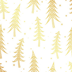 Vector golden seamless pattern with decorative Christmas trees and snowflakes. Simple silhouette or contour, tribal ethnic ornament. New year design for textile, wrapping paper and other surface.