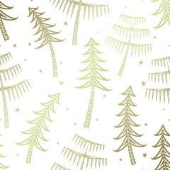 Obraz premium Vector golden seamless pattern with decorative Christmas trees and snowflakes. Simple silhouette or contour, tribal ethnic ornament. New year design for textile, wrapping paper and other surface.