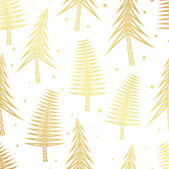 Vector golden seamless pattern with decorative Christmas trees and snowflakes. Simple silhouette or contour, tribal ethnic ornament. New year design for textile, wrapping paper and other surface.