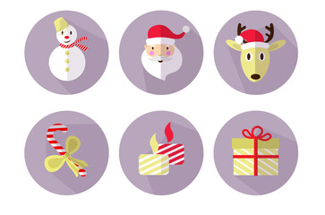 A vector set of flat christmas icons with santa, holiday candles, candy stick, snowman and reindeer for greeting cards and winter decorations