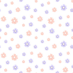 Seamless pattern of cute flowers. Endless texture of pink and purple flowers on white background. Flat vector.