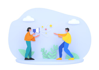 3d render of two people talking with megaphone, loudspeaker. Public relations concept