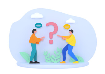 3d render of people standing near big question mark. FAQ, support, help center concept