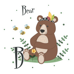 Cute animal alphabet. Cute cartoon Bear and bees. Vector