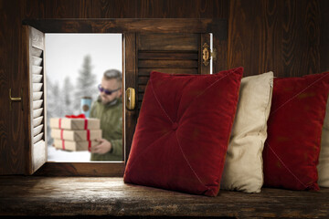 Winter window background and men with gifts. 