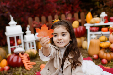 Adorable happy baby girl playing in the autumn park.  Child playing with pumpkins and apples. Beautiful autumn