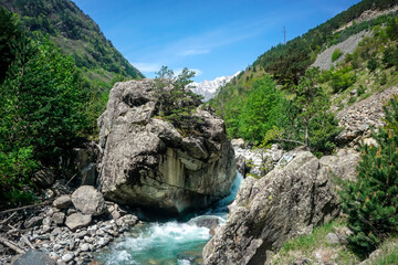 Mountain turquoise river in the village of Buron in North Ossetia
