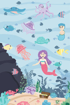Seabed with fish, cave, sand, mermaid girl and boy. sunken ship, treasures, shells, corals, algae. underwater fairy landscape in cartoon flat style. © Зоя Лунёва