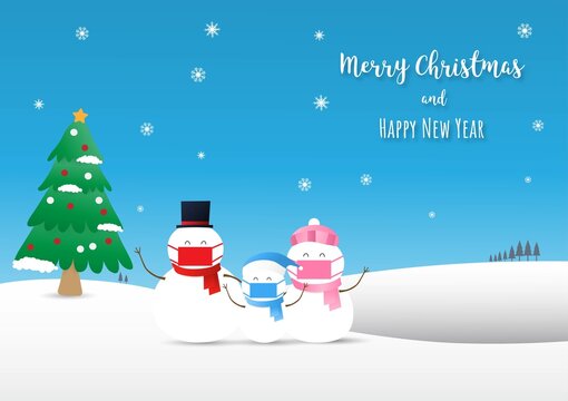 Merry Christmas. Illustration Of Cute Snowman Family Wearing Face Mask On Winter Background.