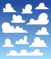 Set for blue sky, different clouds icons, cloud shape, label, symbol, logo. Hand drawn graphic vector elements
