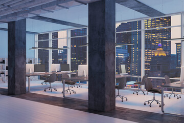 Contemporary coworking office interior with wooden flooring, furniture, computer monitors and night city view. Design and network concept. 3D Rendering.