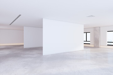 Obraz premium Modern white exhibition hall interior with mock up poster place and daylight. Gallery, architecture and design concept. 3D Rendering.