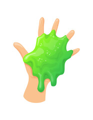 Hand with slime. Cartoon slimy toy, vector illustration