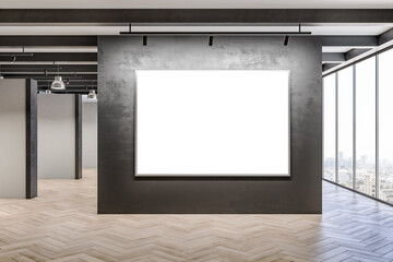 Modern concrete and wooden interior with mock up poster on empty black wall, panoramic window with city view and daylight. Minimalism concept. 3D Rendering.