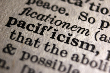 Word "pacificism" printed on book page, macro close-up	
