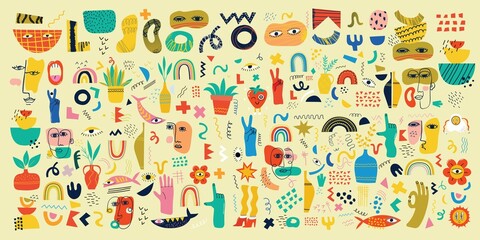 Big Set of Different colored Vector illustartions for posters in Cartoon Flat design. Hand drawn Abstract shapes, different texture funny Comic characters.