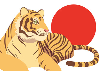 【年賀状テンプレート（寅年）】寝そべるリアルな虎と日の丸背景のイラスト（文字なし）