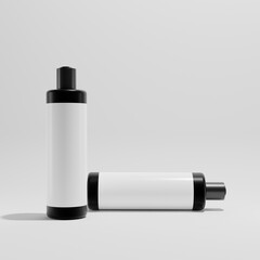 two plastic black bottles a front view with blank label for mockup 3d render