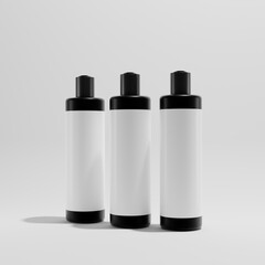 three black bottles with blank label on white background 3d render