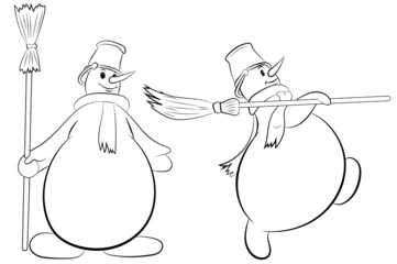 Two snowmen with a bucket on their head and a scarf and a broom in their hands, isolated on a white background. Vector illustration