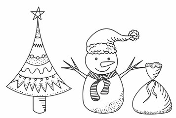 snowman and tree doodle drawing vector, isolated