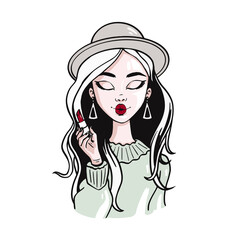 Vector hand drawn illustration of girl in wig with pomade isolated.