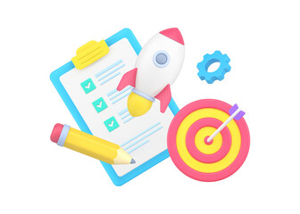 Development successful business startup strategy with gear, goal aiming, to do list checkbox rocket