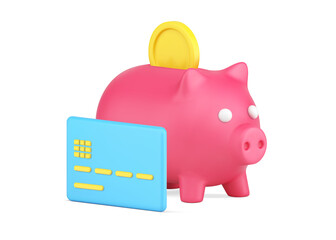 Piggy bank with putting golden coin and credit card for e commerce payment contactless transaction