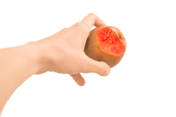Men's hand holds a bitten red apple isolated on a white background. Fruit. Kind of tree. Nutrition. Hungry. Freshness