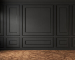 Classic loft interior with black wall panel and moldings. 3d render illustration mockup. - obrazy, fototapety, plakaty