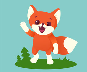 Vector illustration of happy red fox character with fluffy tail on green color background. Flat style design of animal fox on green grass